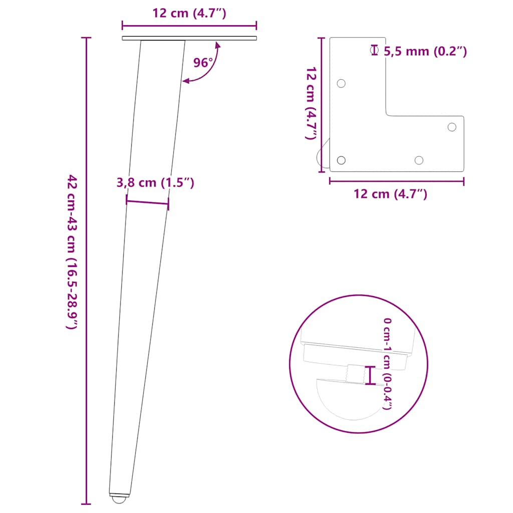vidaXL Coffee Table Legs Conical Shape 4 pcs Black 42-43 cm Steel
