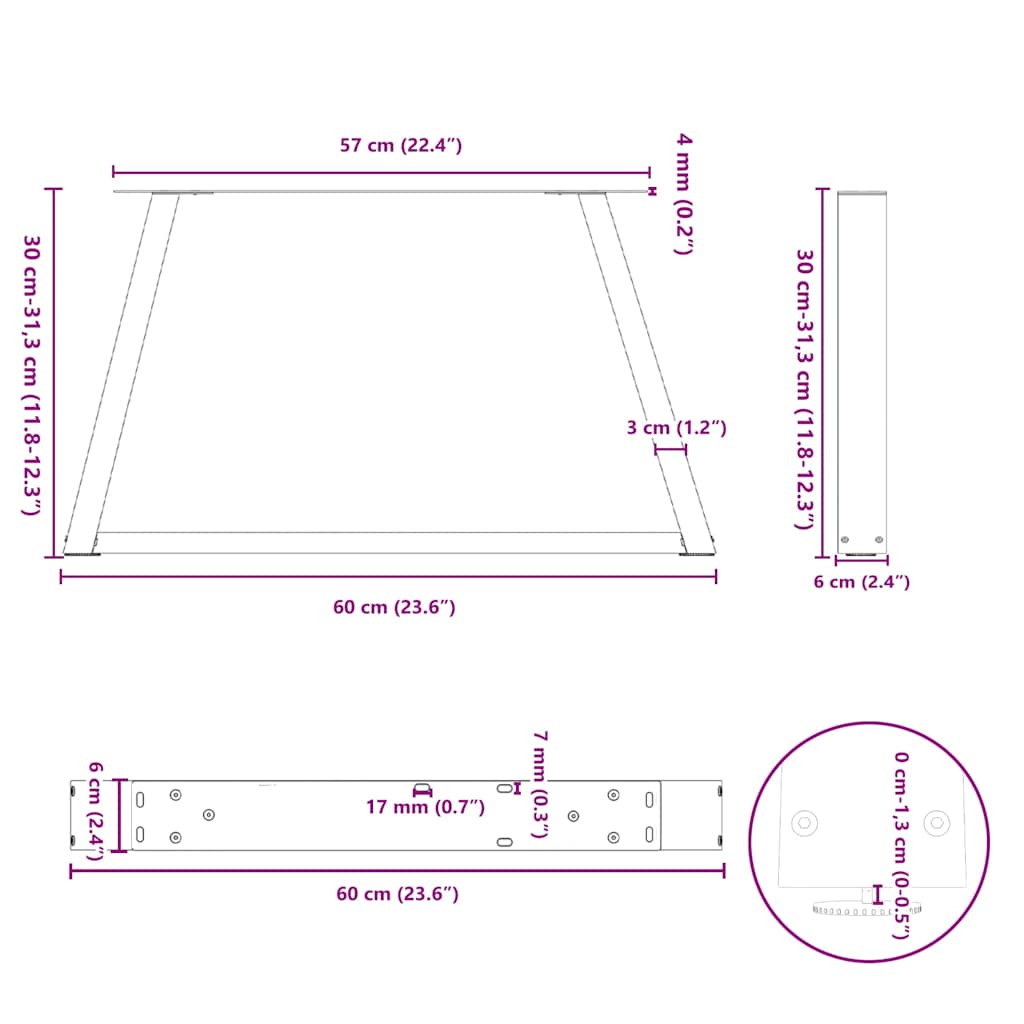 vidaXL Coffee Table Legs V-Shape 2 pcs Natural Steel 60x(30-31.3) cm Steel