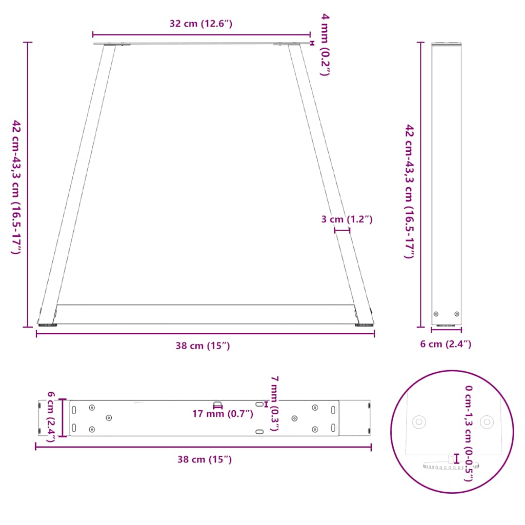 vidaXL Coffee Table Legs V-Shape 2 pcs Natural Steel 38x(42-43.3) cm Steel