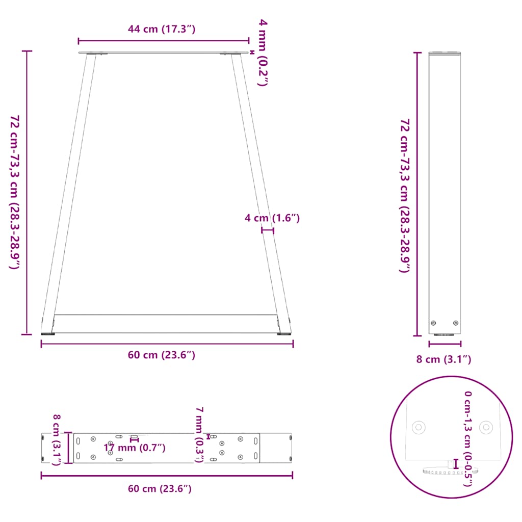 vidaXL Dining Table Legs V-Shape 2 pcs Black 60x(72-73.3) cm Steel