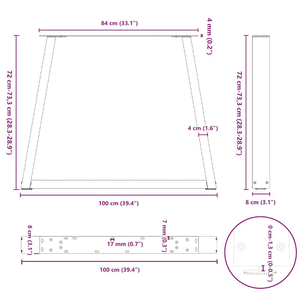 vidaXL Dining Table Legs V-Shape 3 pcs Black 100x(72-73,3) cm Steel