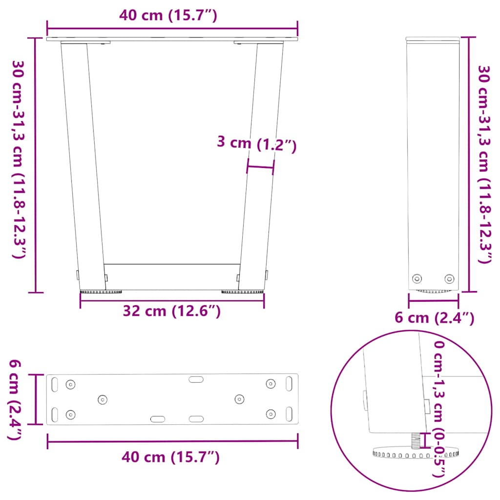 vidaXL Coffee Table Legs V-Shape 2 pcs White 40x(30-31.3) cm Steel