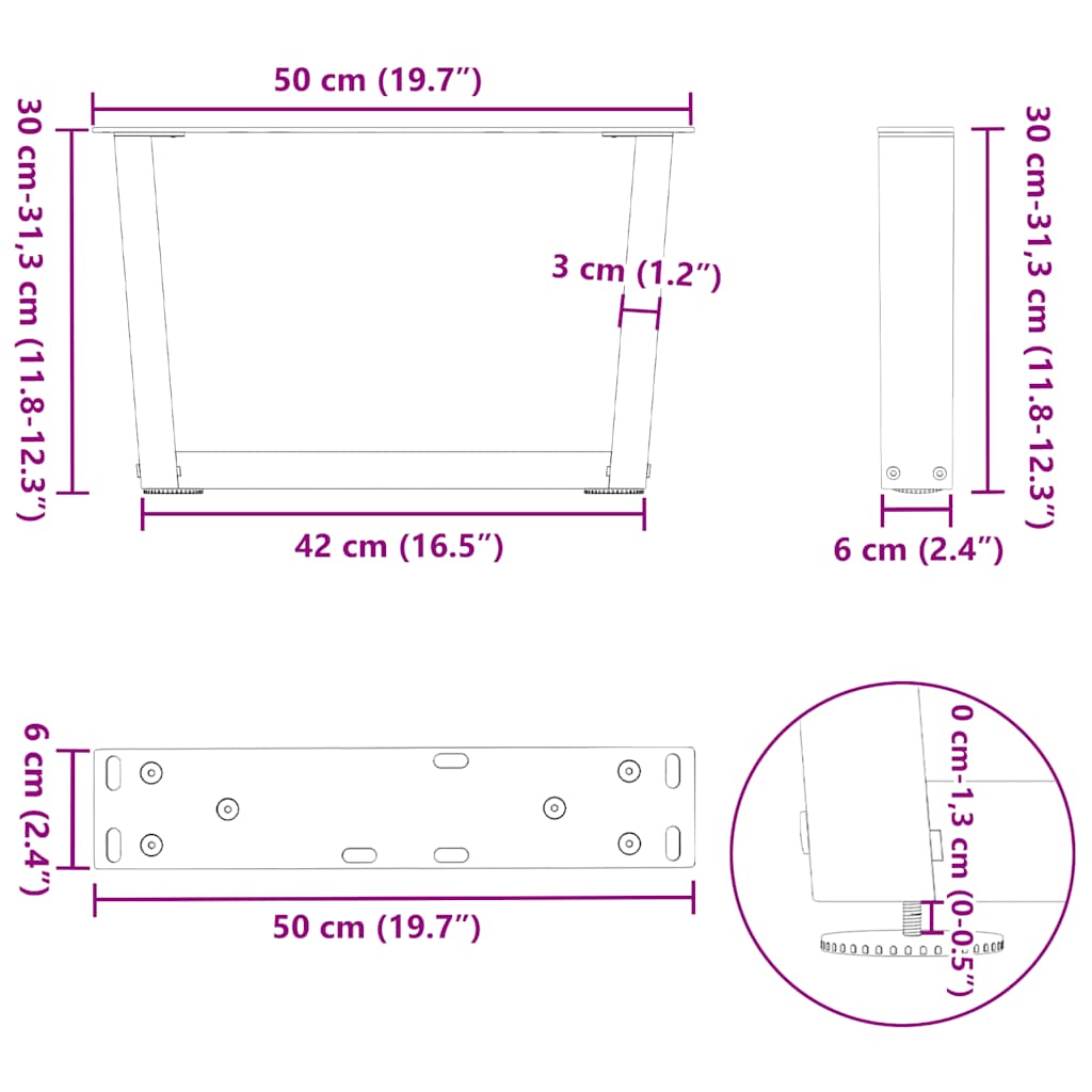 vidaXL Coffee Table Legs V-Shape 2 pcs Black 50x(30-31.3) cm Steel