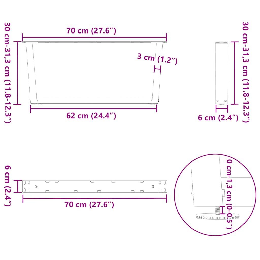 vidaXL Coffee Table Legs V-Shape 2 pcs Natural Steel 70x(30-31.3) cm