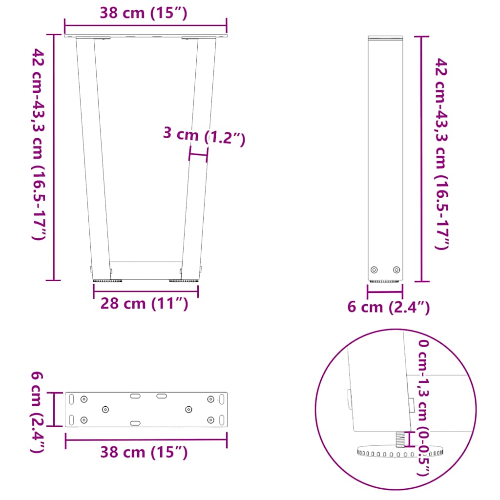 vidaXL Coffee Table Legs V-Shape 2 pcs Black 38x(42-43.3) cm Steel