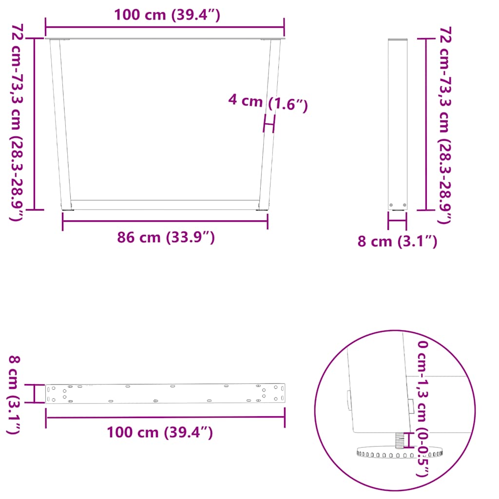 vidaXL Dining Table Legs V-Shape 3 pcs Natural Steel 100x(72-73.3) cm Steel