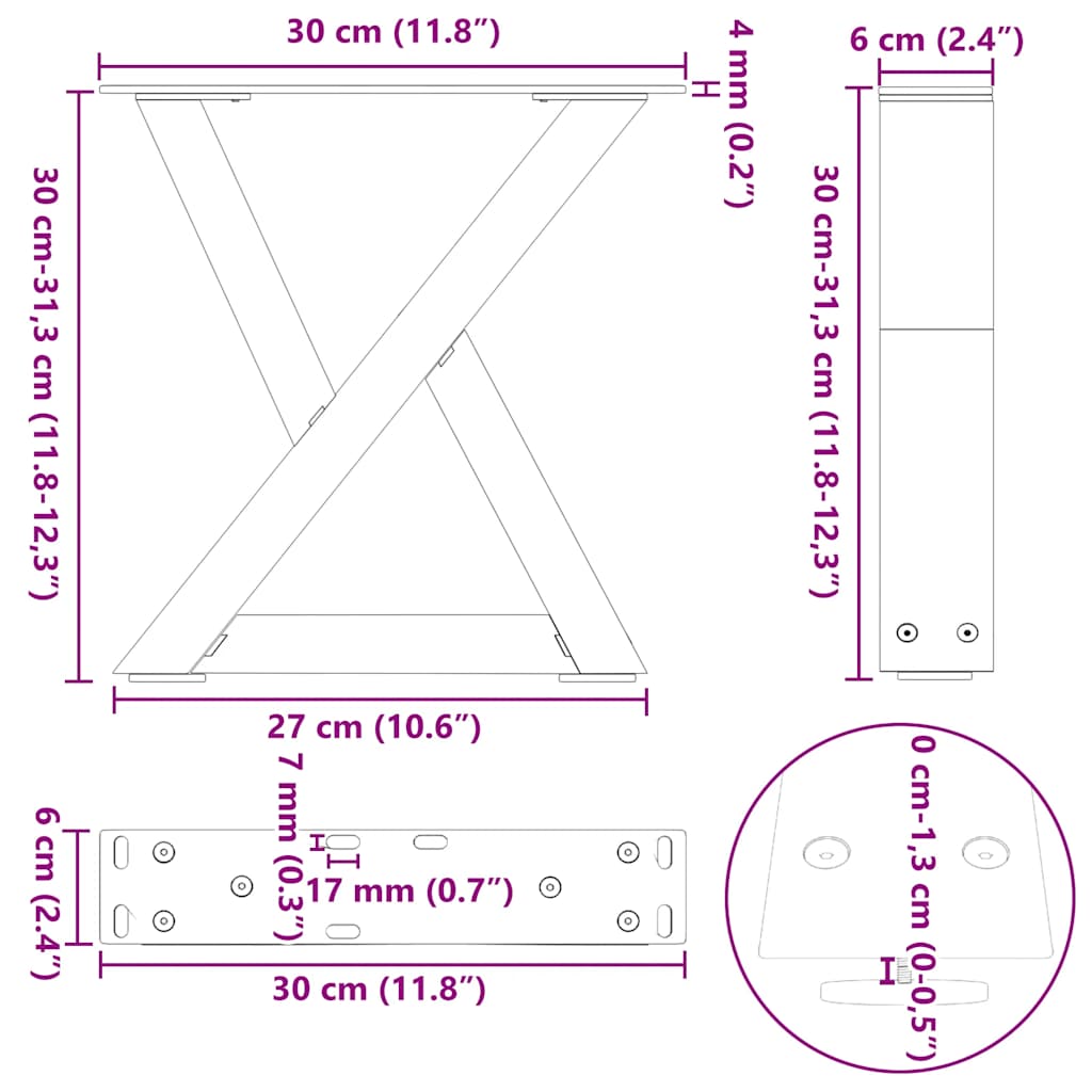 vidaXL Coffee Table Legs 2 pcs Black 30x(30-31.3) cm Steel