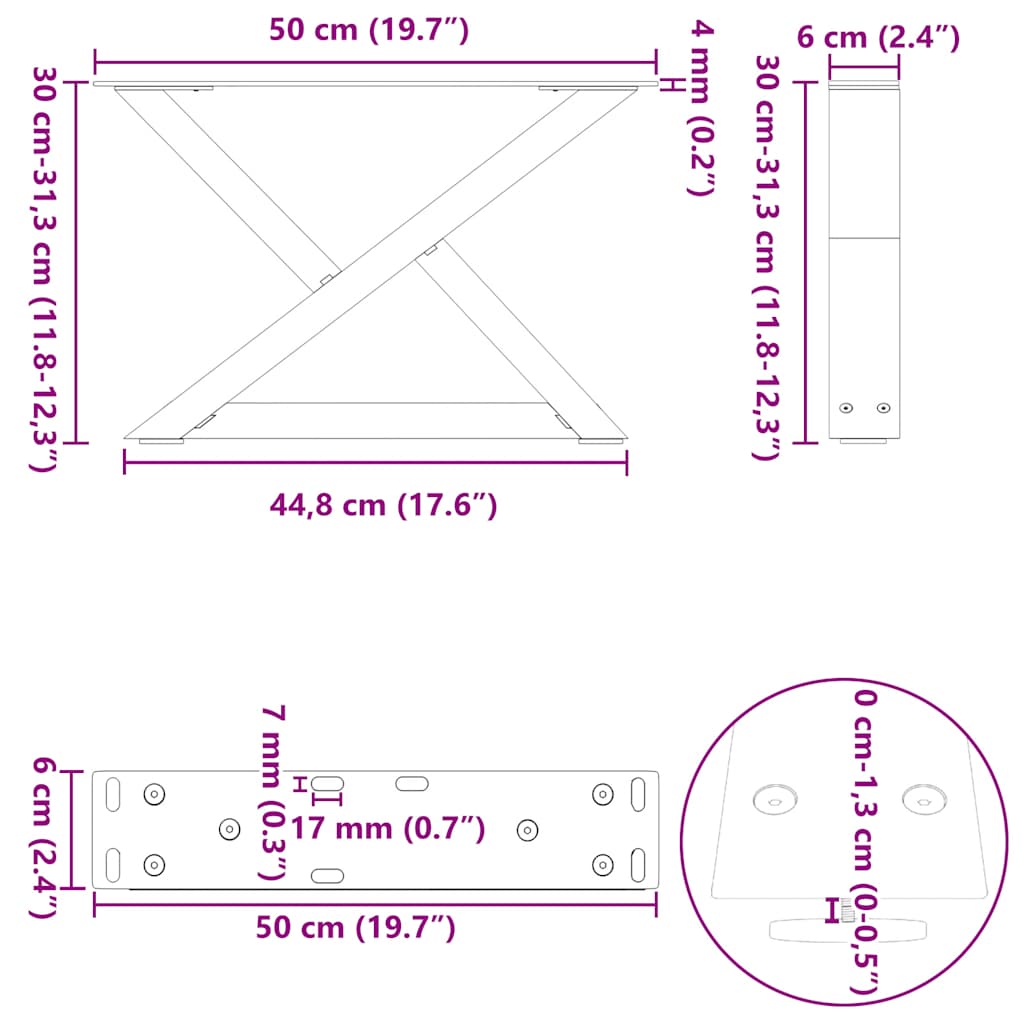 vidaXL Coffee Table Legs 2 pcs Black 50x(30-31.3) cm Steel