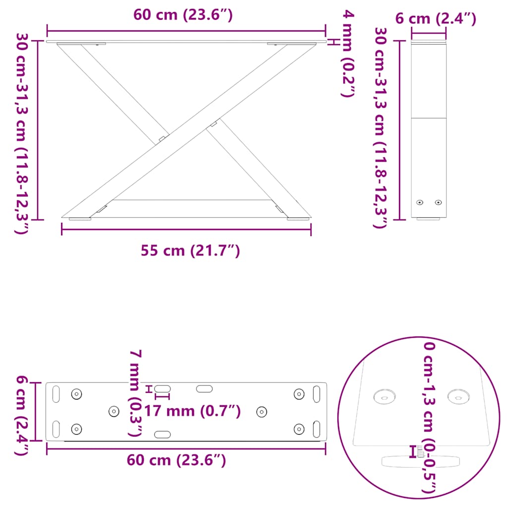 vidaXL Coffee Table Legs 2 pcs White 60x(30-31.3) cm Steel