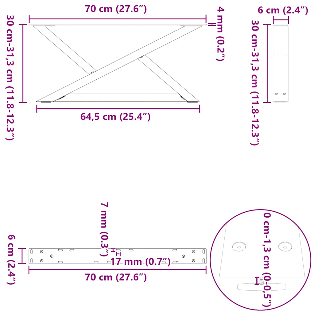 vidaXL Coffee Table Legs 2 pcs Natural Steel 70x(30-31.3) cm Steel