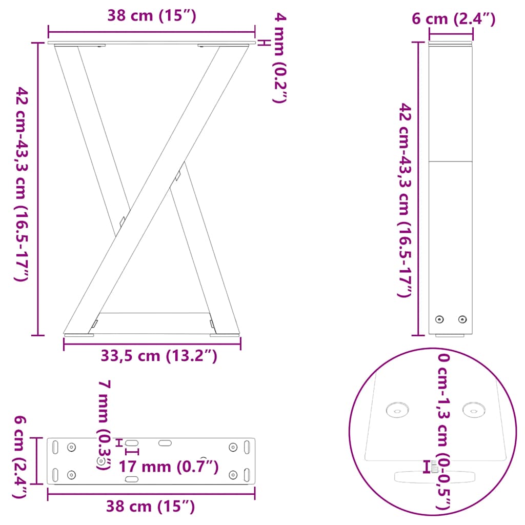 vidaXL Coffee Table Legs 2 pcs Natural Steel 38x(42-43.3) cm Steel