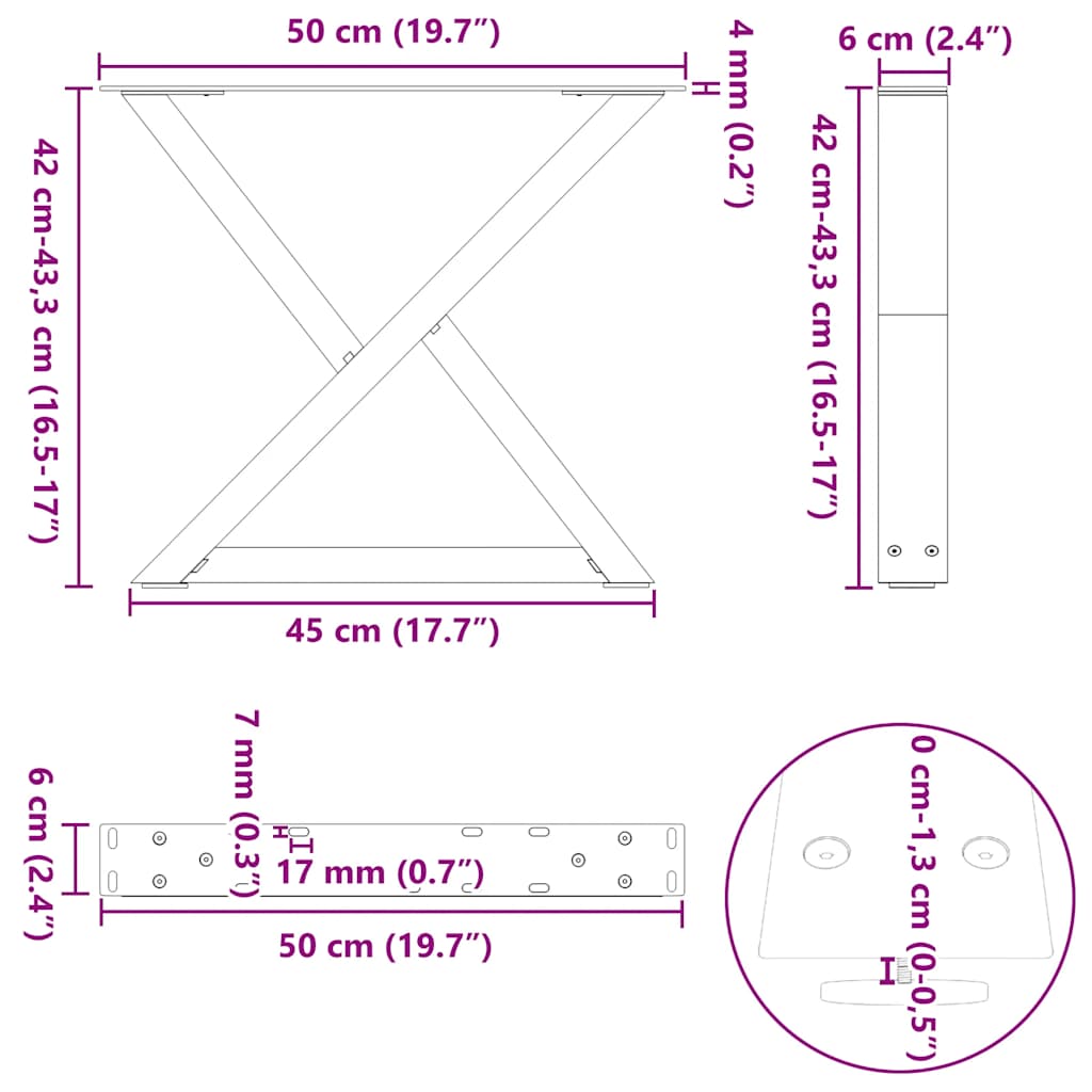 vidaXL Coffee Table Legs 2 pcs Black 50x(42-43.3) cm Steel