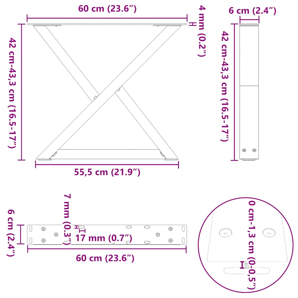 vidaXL Coffee Table Legs 2 pcs White 60x(42-43.3) cm Steel