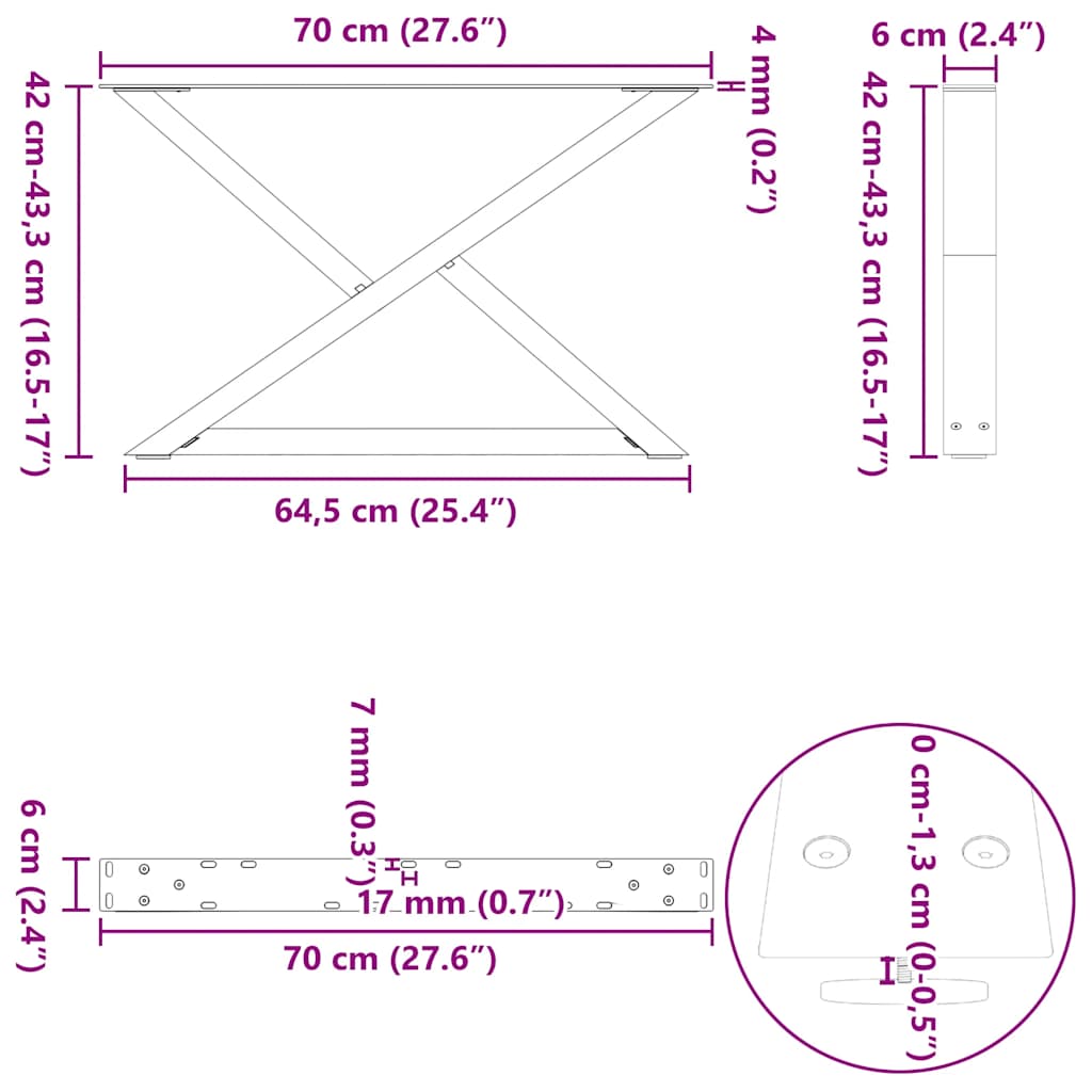 vidaXL Coffee Table Legs 2 pcs Black 70x(42-43.3) cm Steel