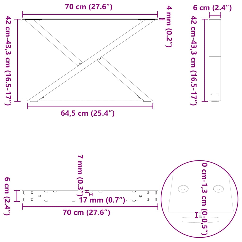 vidaXL Coffee Table Legs 2 pcs Natural Steel 70x(42-43,3) cm Steel
