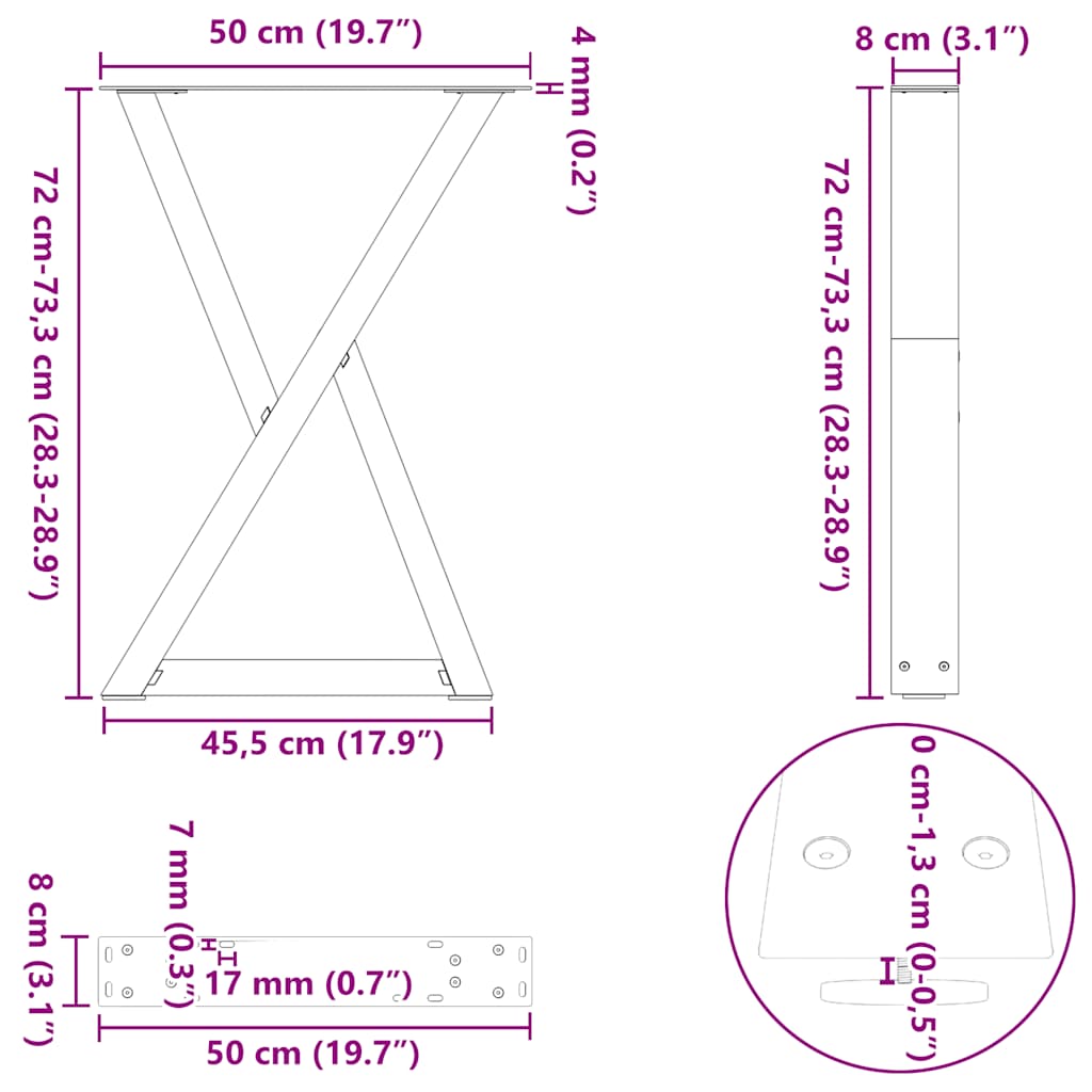 vidaXL Dining Table Legs 2 pcs Black 50x(72-73.3) cm Steel
