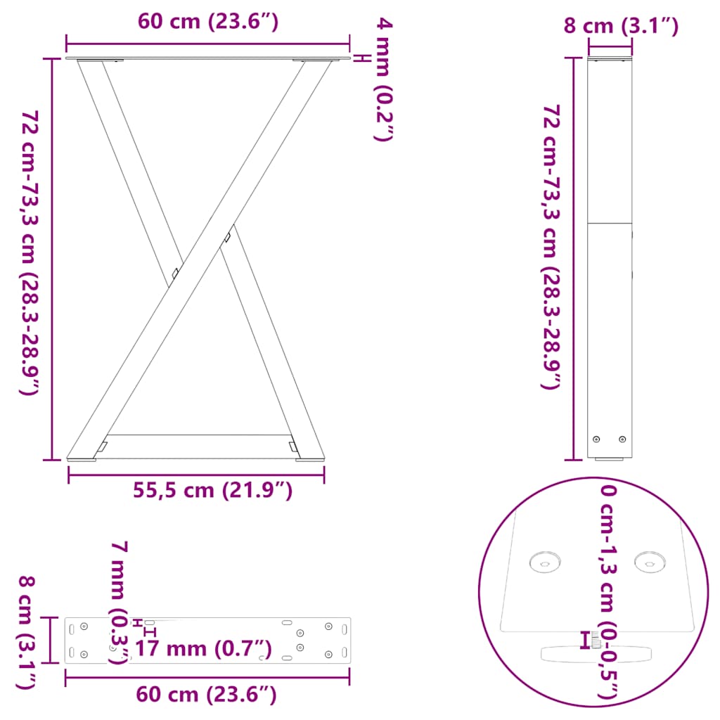 vidaXL Dining Table Legs 2 pcs Black 60x(72-73.3) cm Steel