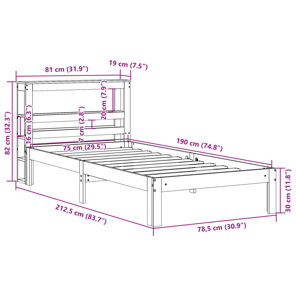 vidaXL Bed Frame with Headboard without Mattress White 75x190 cm