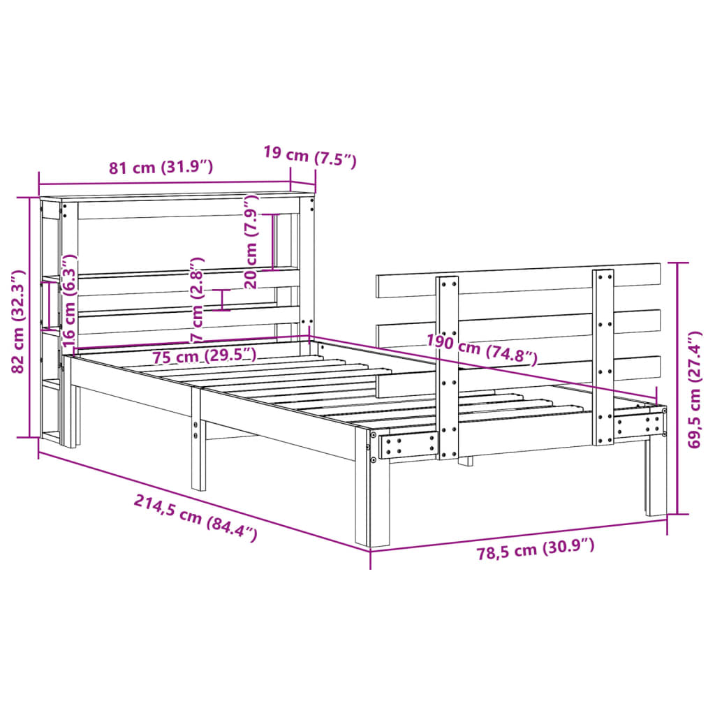 vidaXL Bed Frame with Headboard without Mattress 75x190 cm Small Single