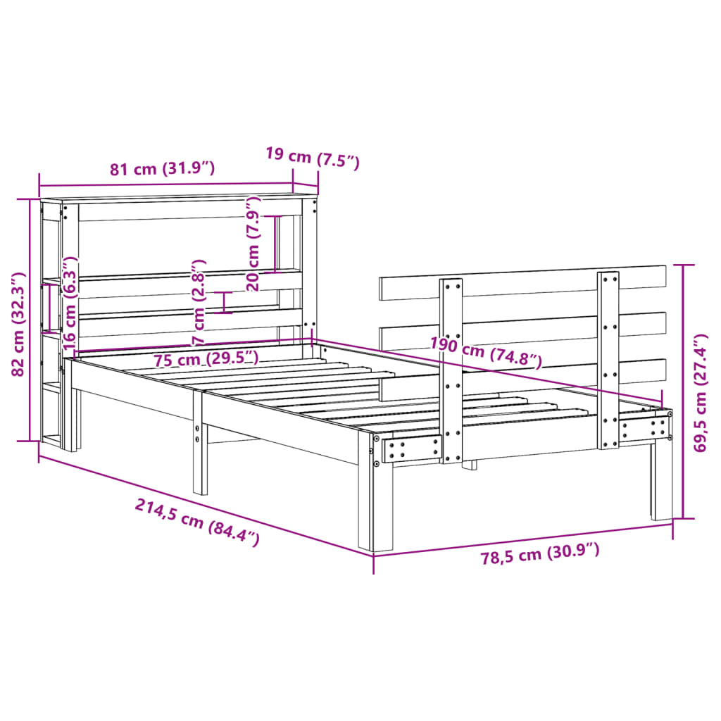 vidaXL Bed Frame with Headboard without Mattress White 75x190 cm Small Single