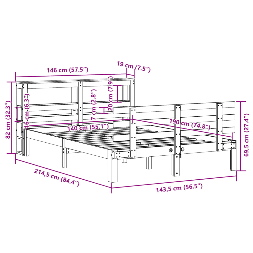 vidaXL Bed Frame with Headboard without Mattress 140x190 cm