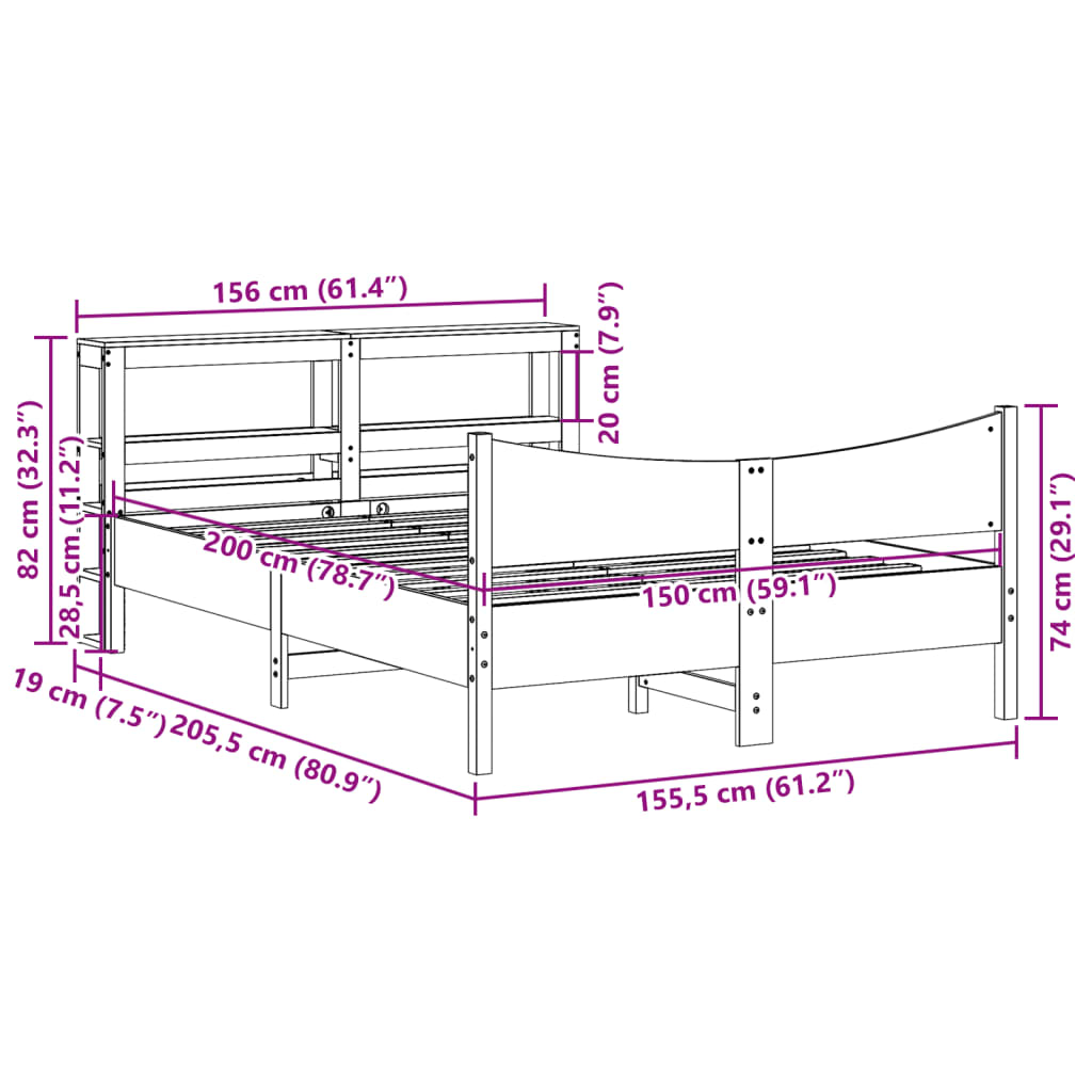 vidaXL Bed Frame with Headboard 150x200 cm King Size Solid Wood Pine