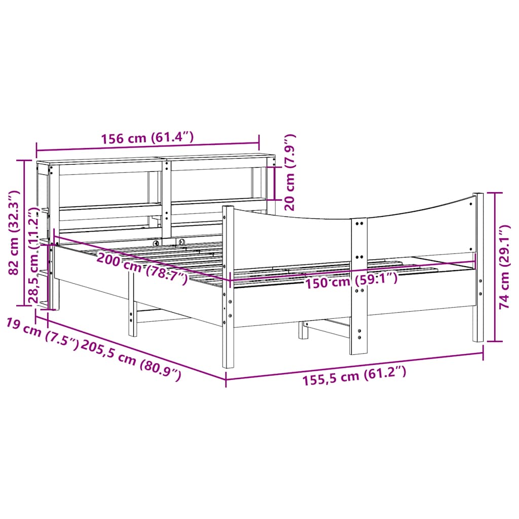 vidaXL Bed Frame with Headboard Wax Brown 150x200 cm King Size Solid Wood Pine