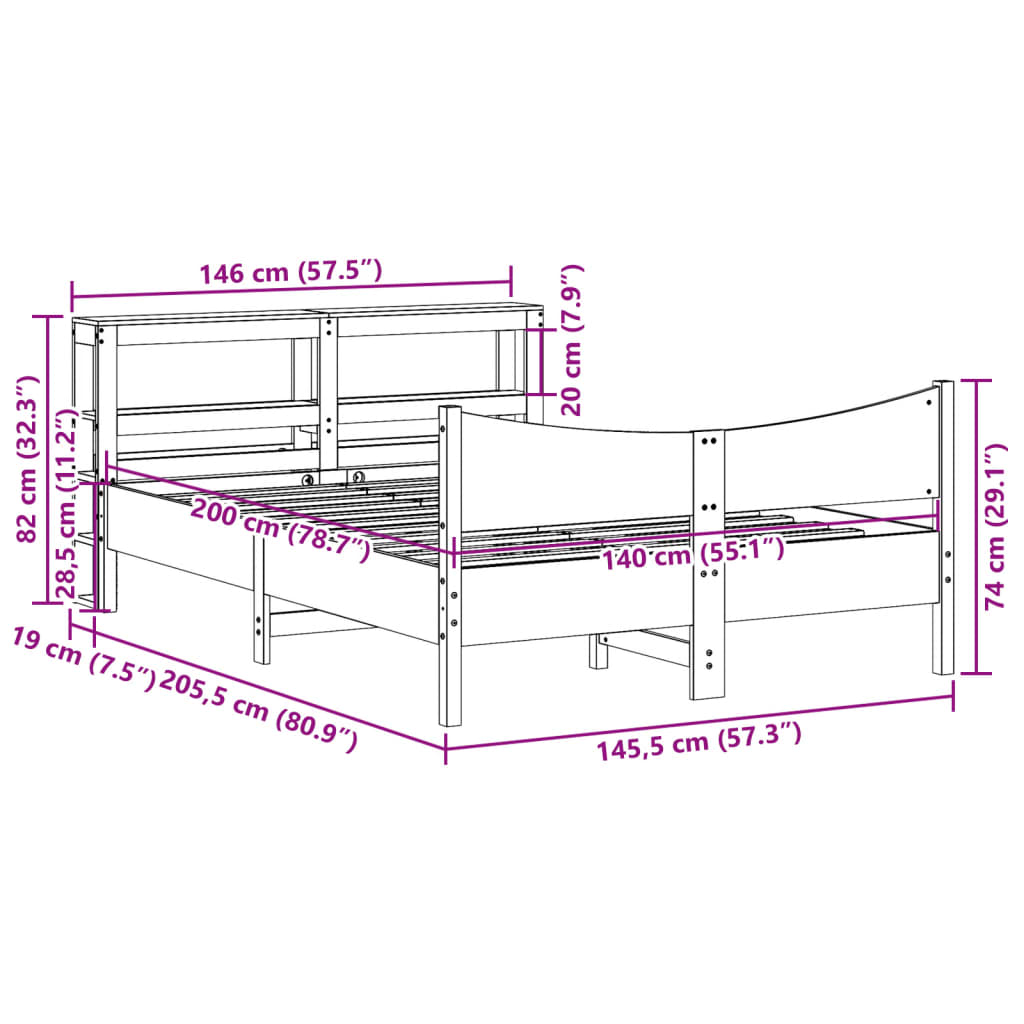 vidaXL Bed Frame with Headboard 140x200 cm Solid Wood Pine