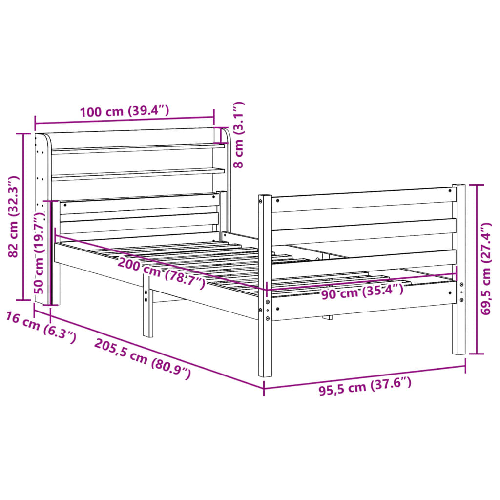 vidaXL Bed Frame with Headboard without Mattress 90x200 cm