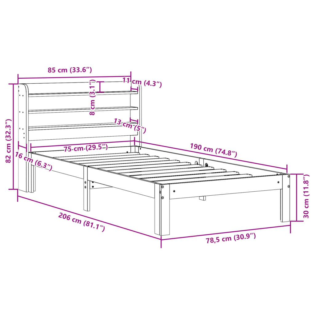 vidaXL Bed Frame without Mattress Wax Brown 75x190 cm Small Single Solid Wood Pine