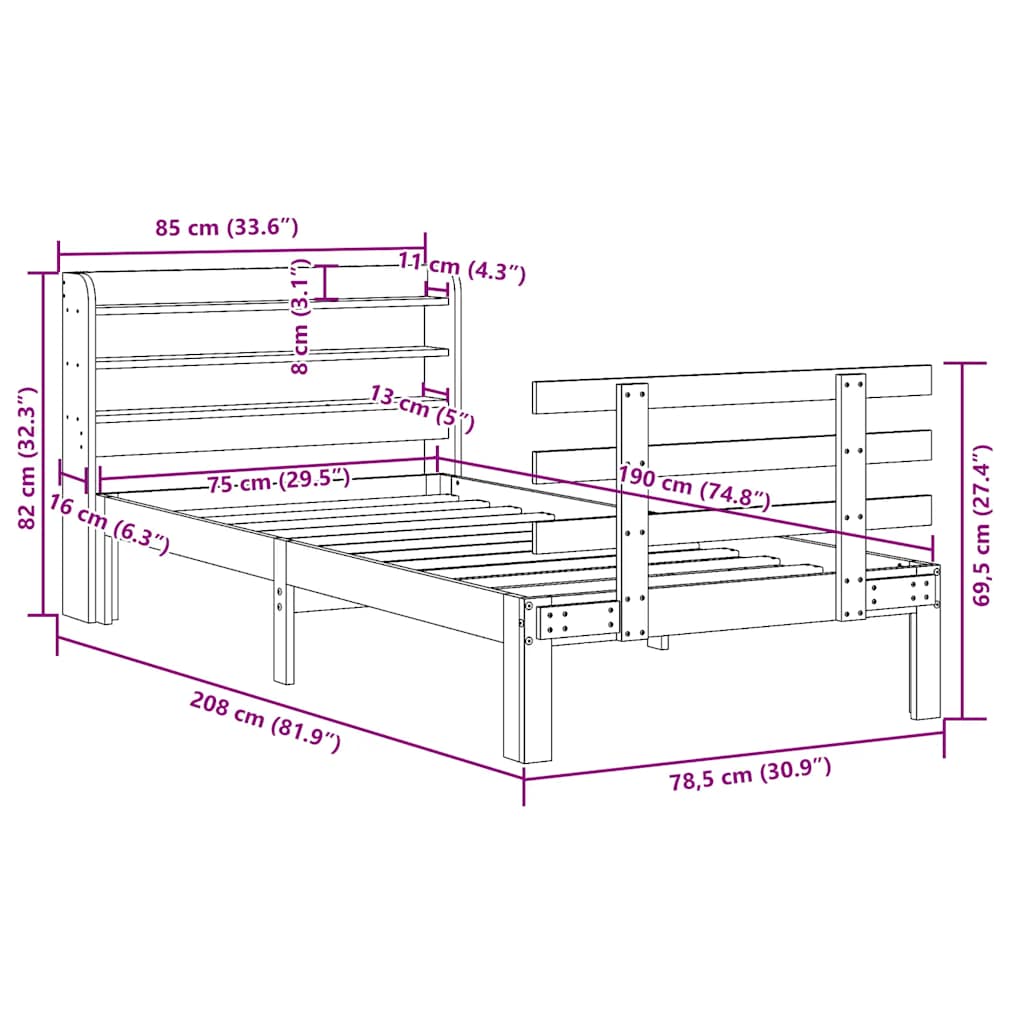 vidaXL Bed Frame with Headboard without Mattress White 75x190 cm