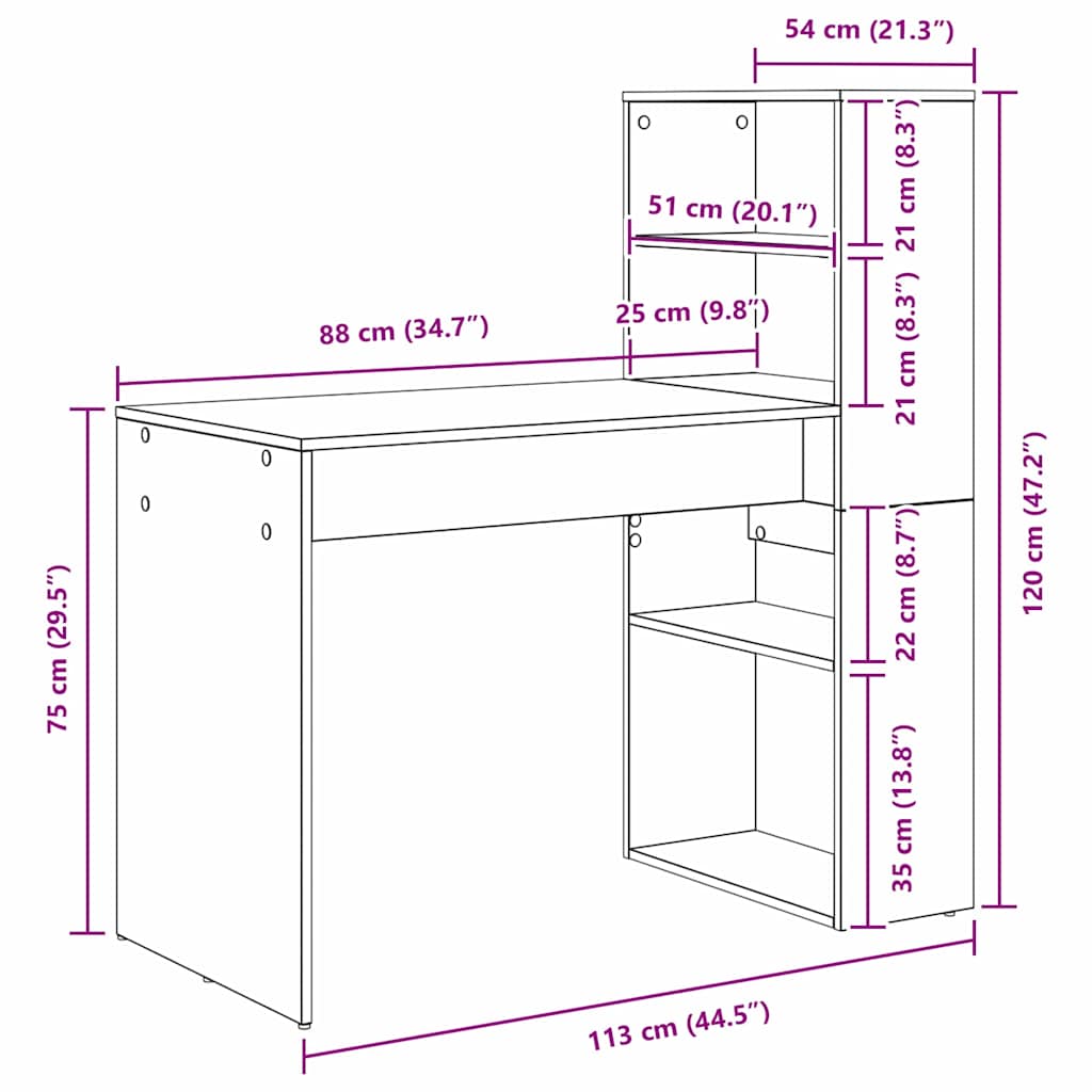 vidaXL Desk Artisan Oak Engineered Wood 113 x 54 x 120 cm