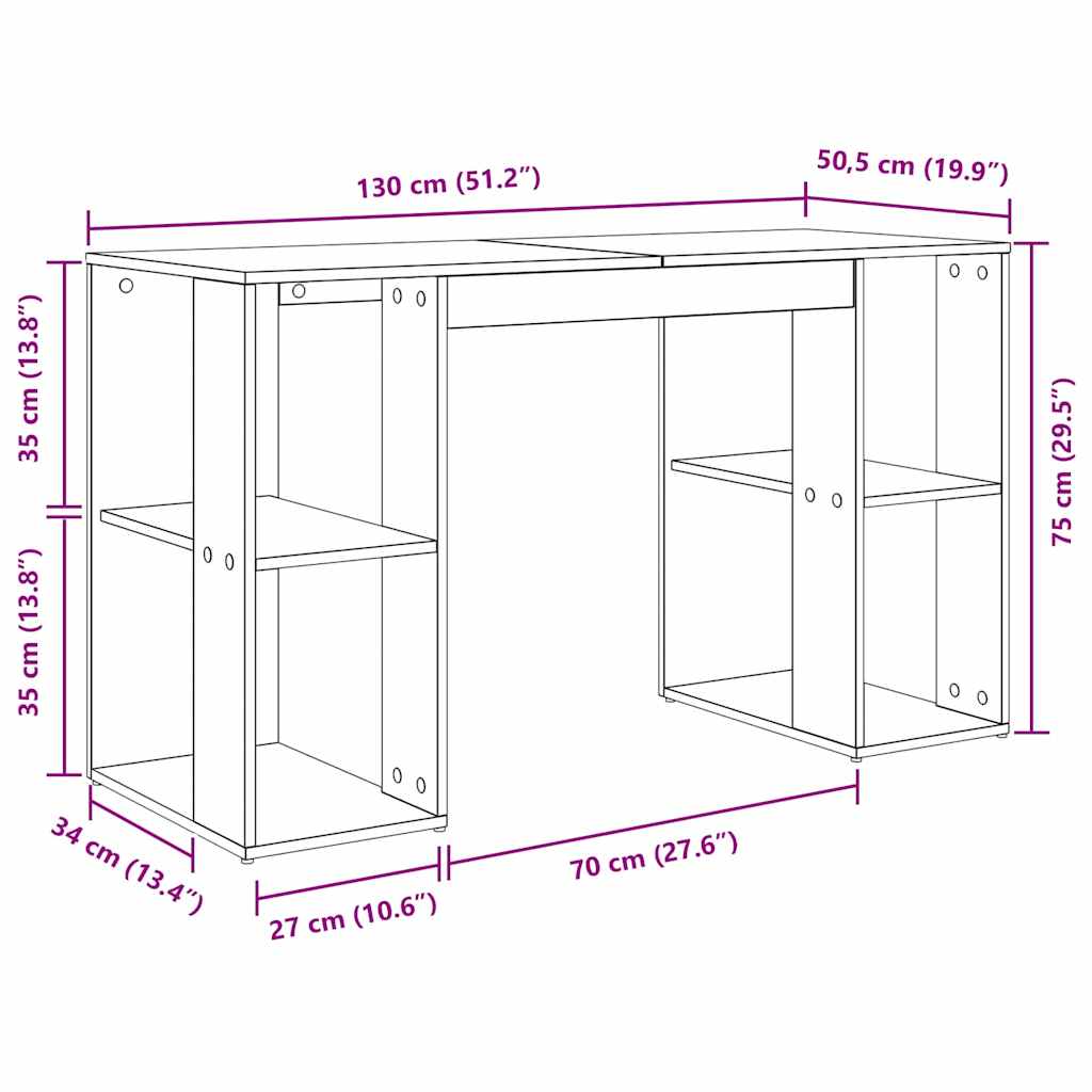 vidaXL Desk with Shelf Smoked Oak 130 x 50.5 x 75 cm Engineered Wood