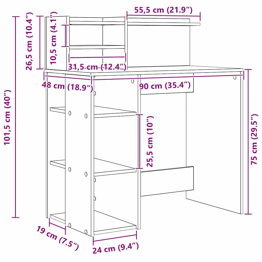 vidaXL Desk with Shelf Old Wood 90 x 48 x 101.5 cm Engineered Wood