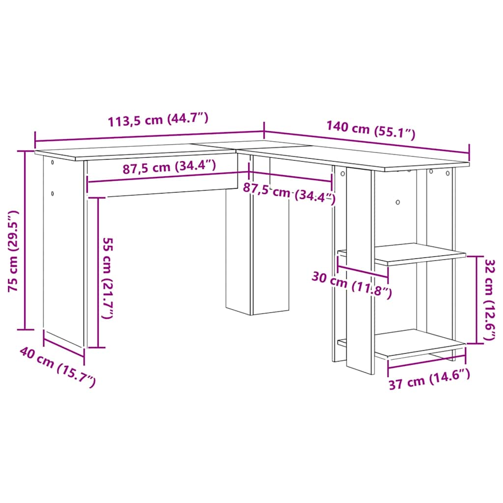 vidaXL Corner Desk White 140 x 113.5 x 75 cm Engineered Wood
