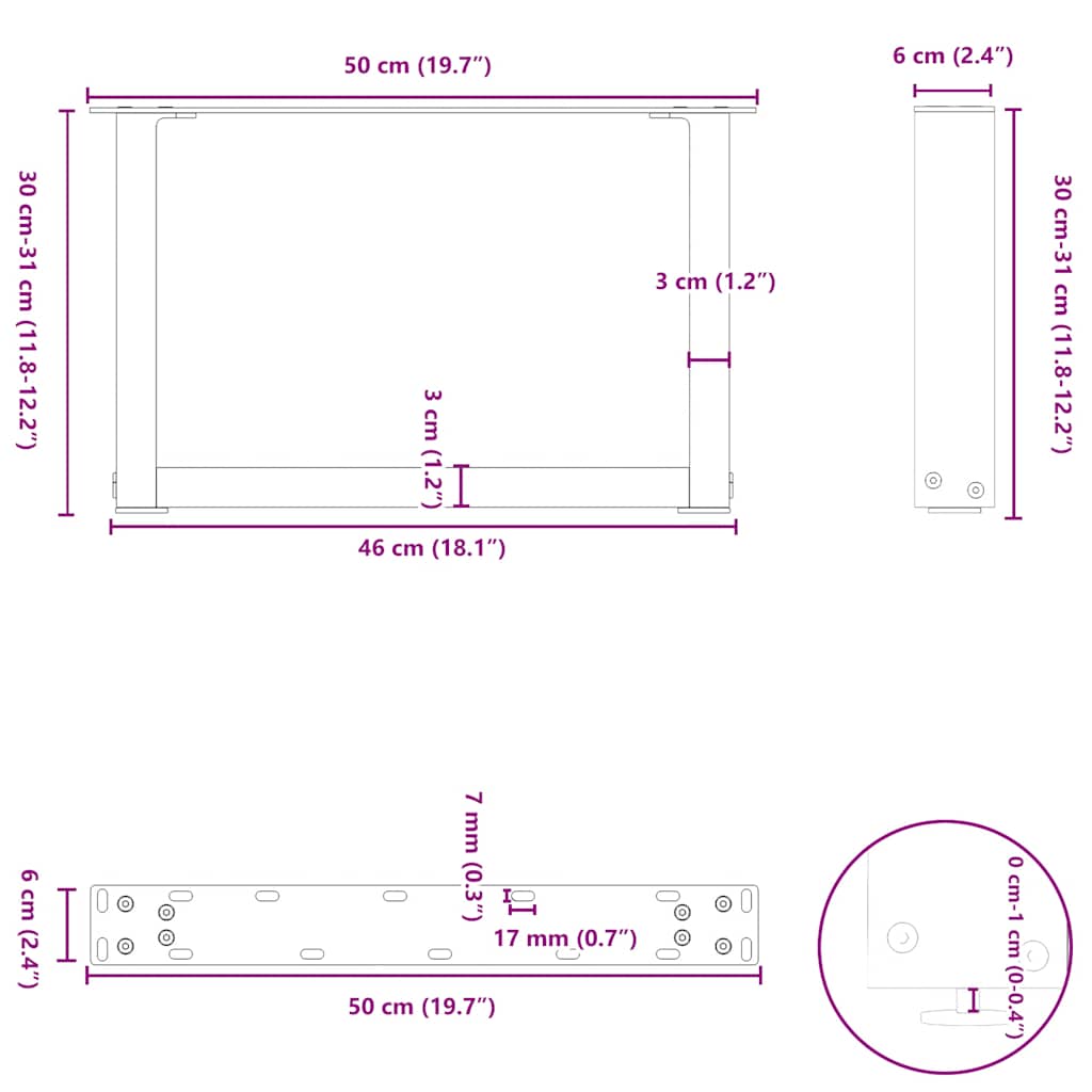 vidaXL Coffee Table Legs U-Shaped 2 pcs Natural Steel 50x(30-31) cm Steel