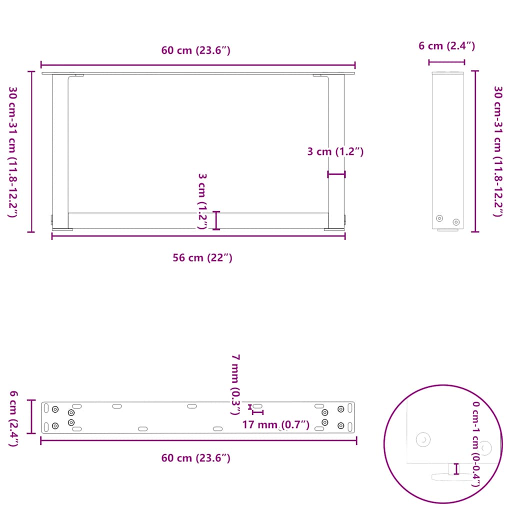 vidaXL Coffee Table Legs U-Shaped 2 pcs White 60x(30-31) cm Steel