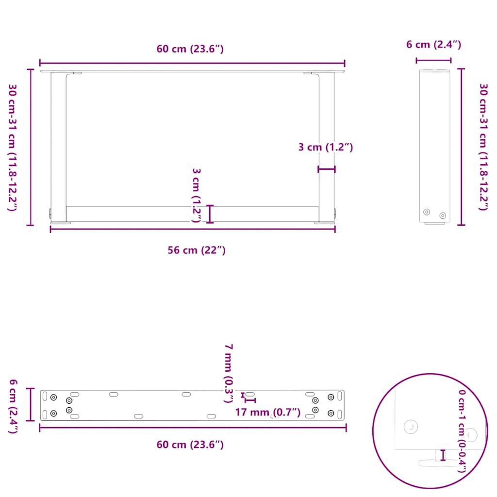 vidaXL Coffee Table Legs U-Shaped 2 pcs Natural Steel 60x(30-31) cm Steel