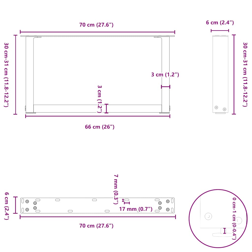 vidaXL Coffee Table Legs U-Shaped 2 pcs White 70x(30-31) cm Steel