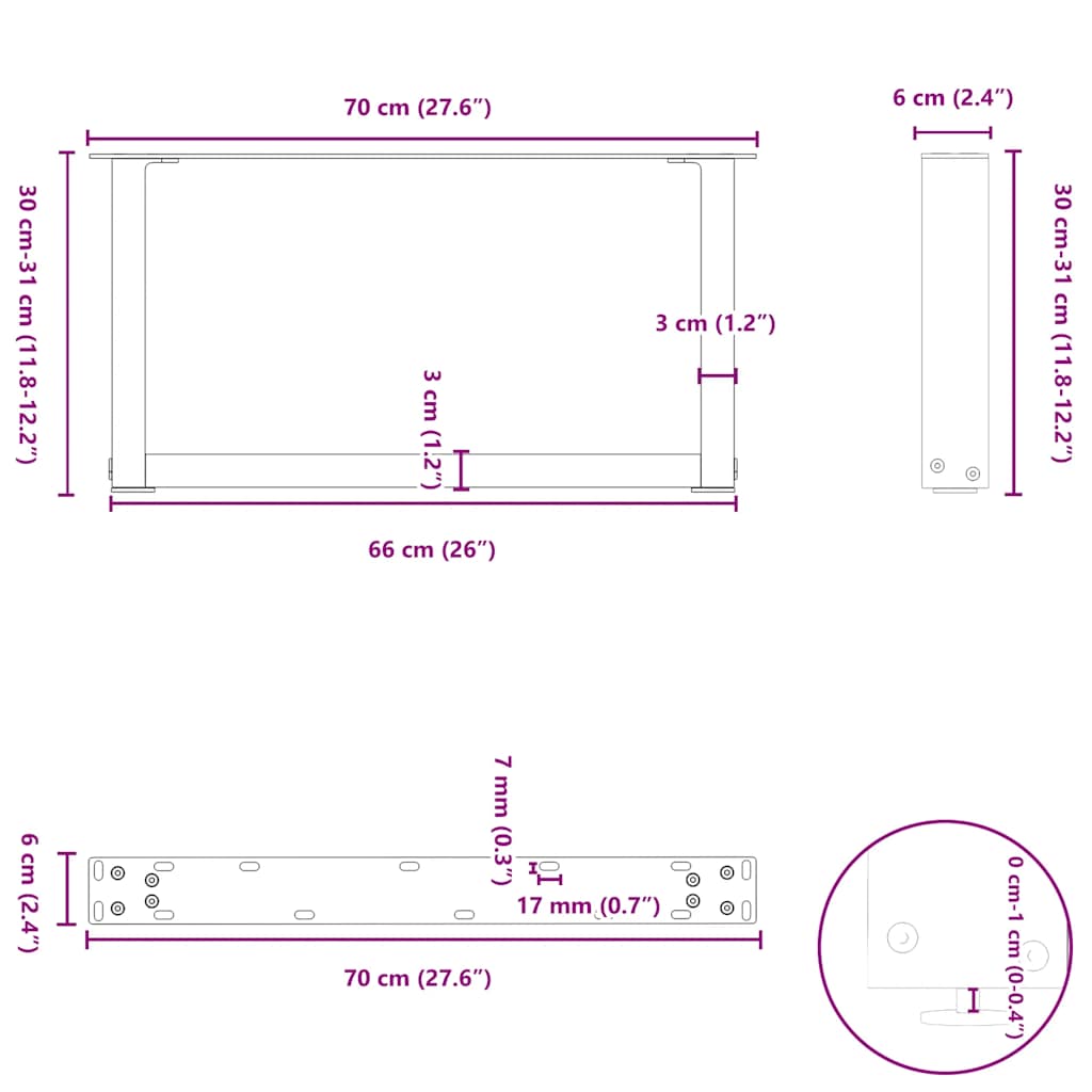 vidaXL Coffee Table Legs U-Shaped 2 pcs Natural Steel 70x(30-31) cm Steel