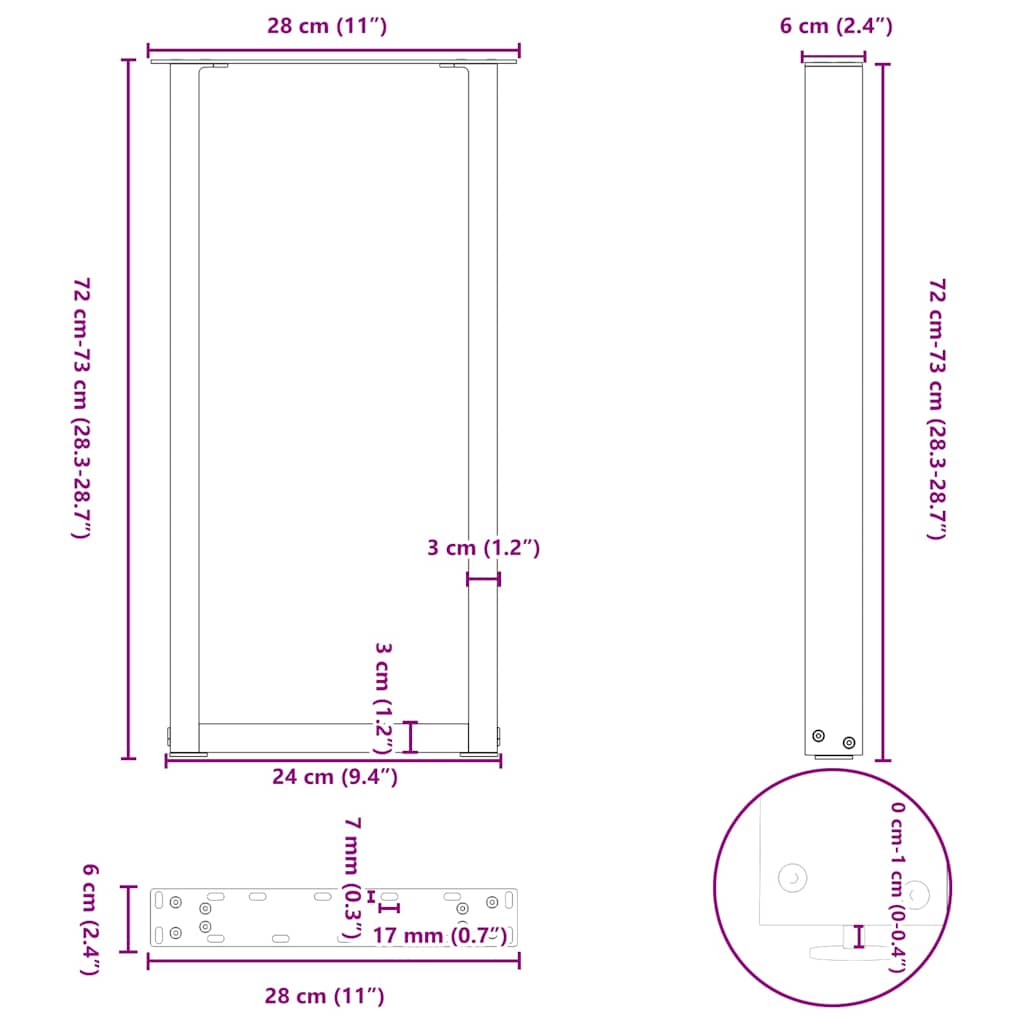 vidaXL Console Table Legs U-Shaped 2 pcs Black 28x(72-73) cm Steel
