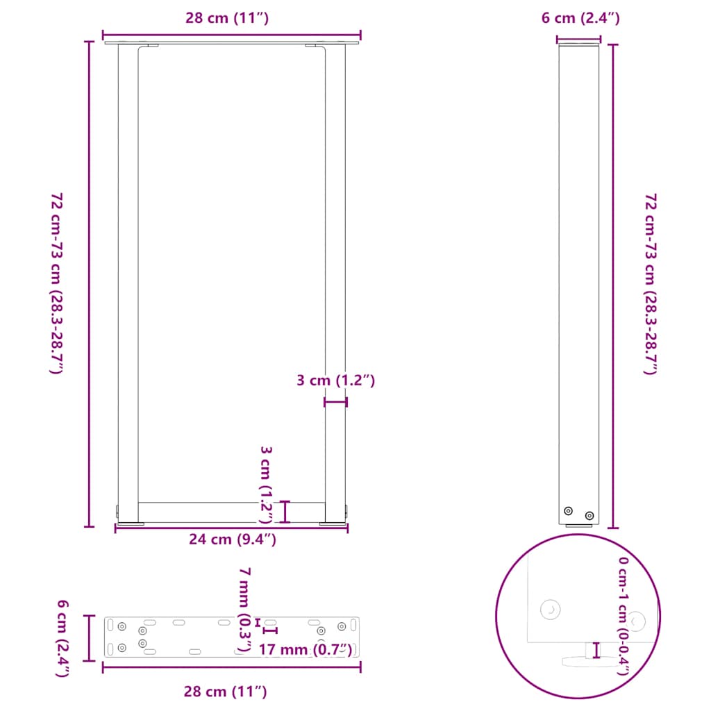 vidaXL Console Table Legs U-Shaped 2 pcs Anthracite 28x(72-73)cm Steel