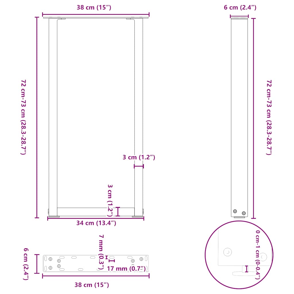 vidaXL Console Table Legs U-Shaped 2 pcs Black 38x(72-73) cm Steel