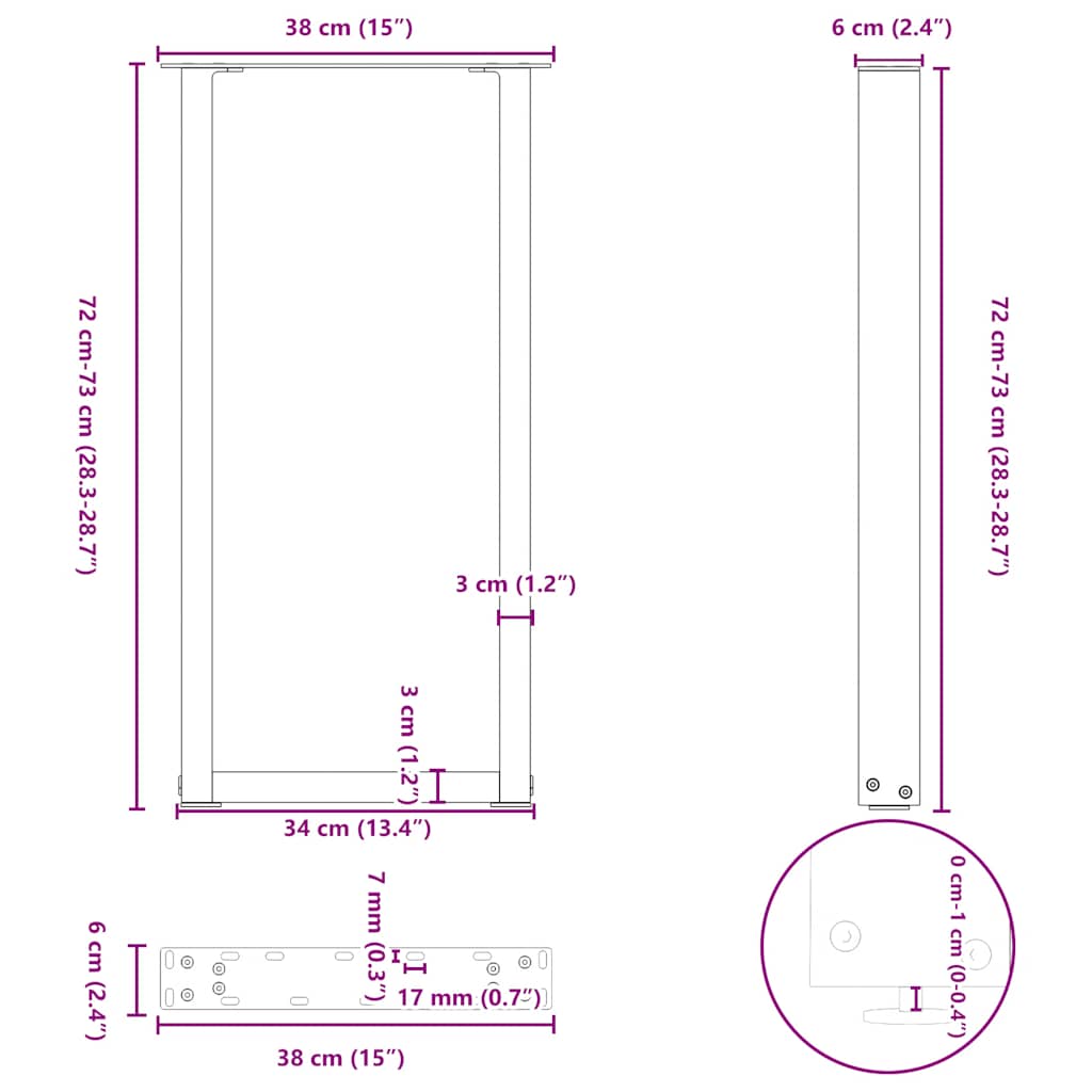 vidaXL Console Table Legs U-Shaped 2 pcs White 38x(72-73) cm Steel