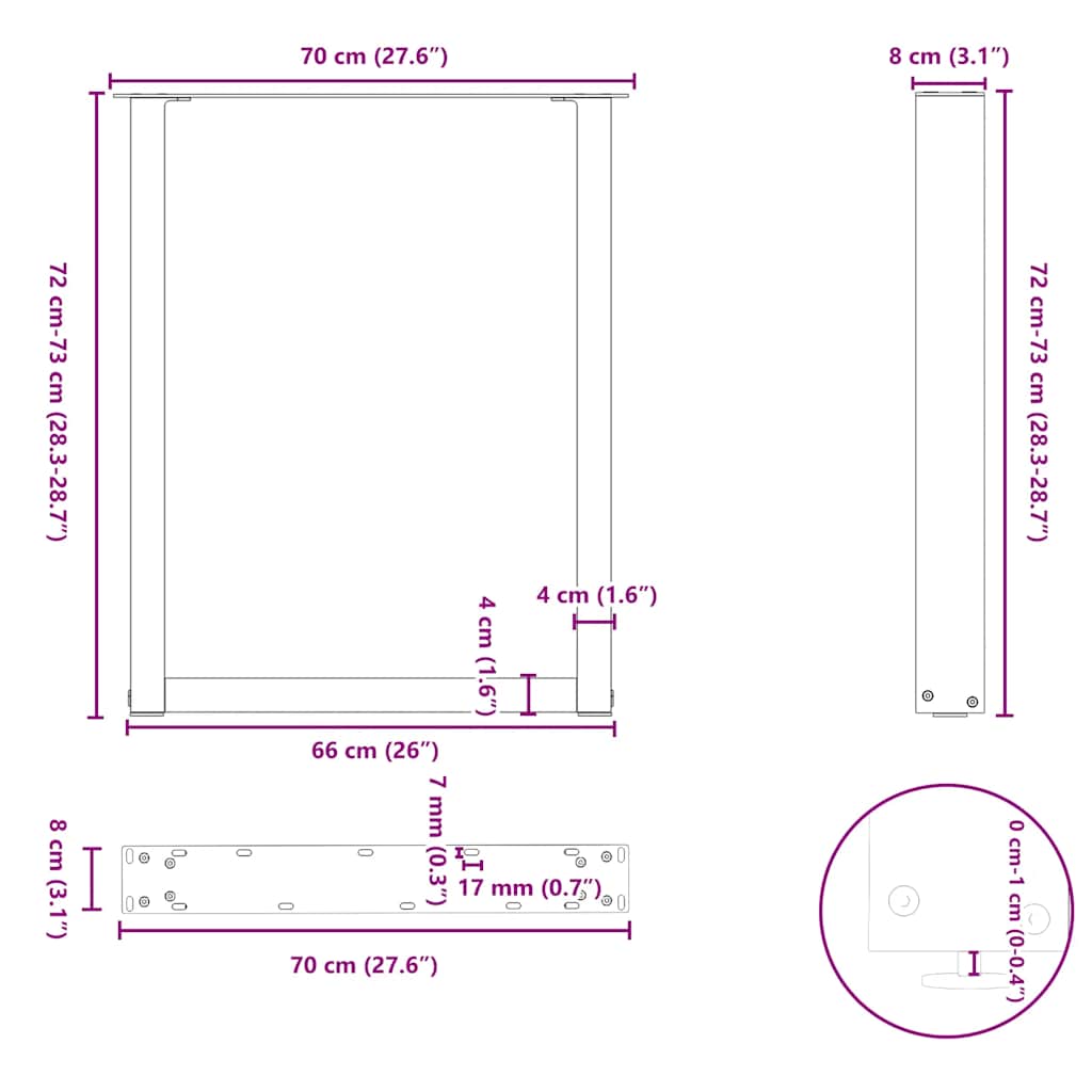vidaXL Dining Table Legs U-Shaped 2 pcs White 70x(72-73) cm Steel