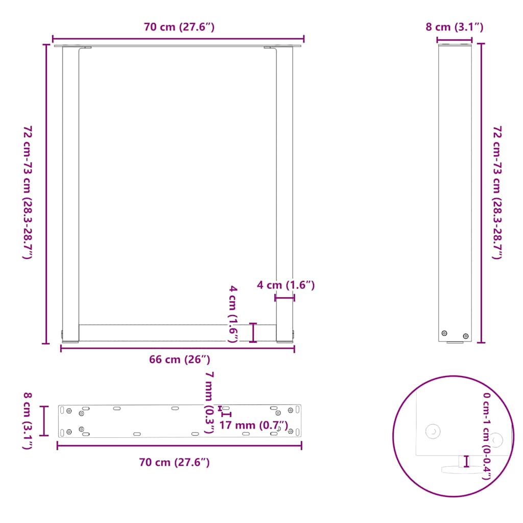 vidaXL Dining Table Legs U-Shaped 2 pcs Natural Steel 70x(72-73) cm Steel