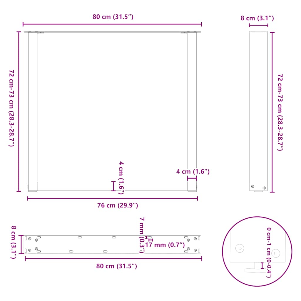 vidaXL Dining Table Legs U-Shaped 2 pcs Natural Steel 80x(72-73) cm Steel