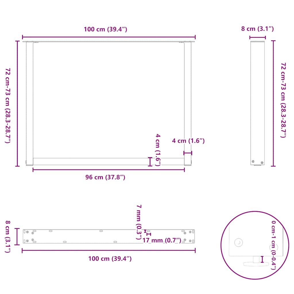 vidaXL Dining Table Legs U-Shaped 2 pcs Black 100x(72-73) cm Steel