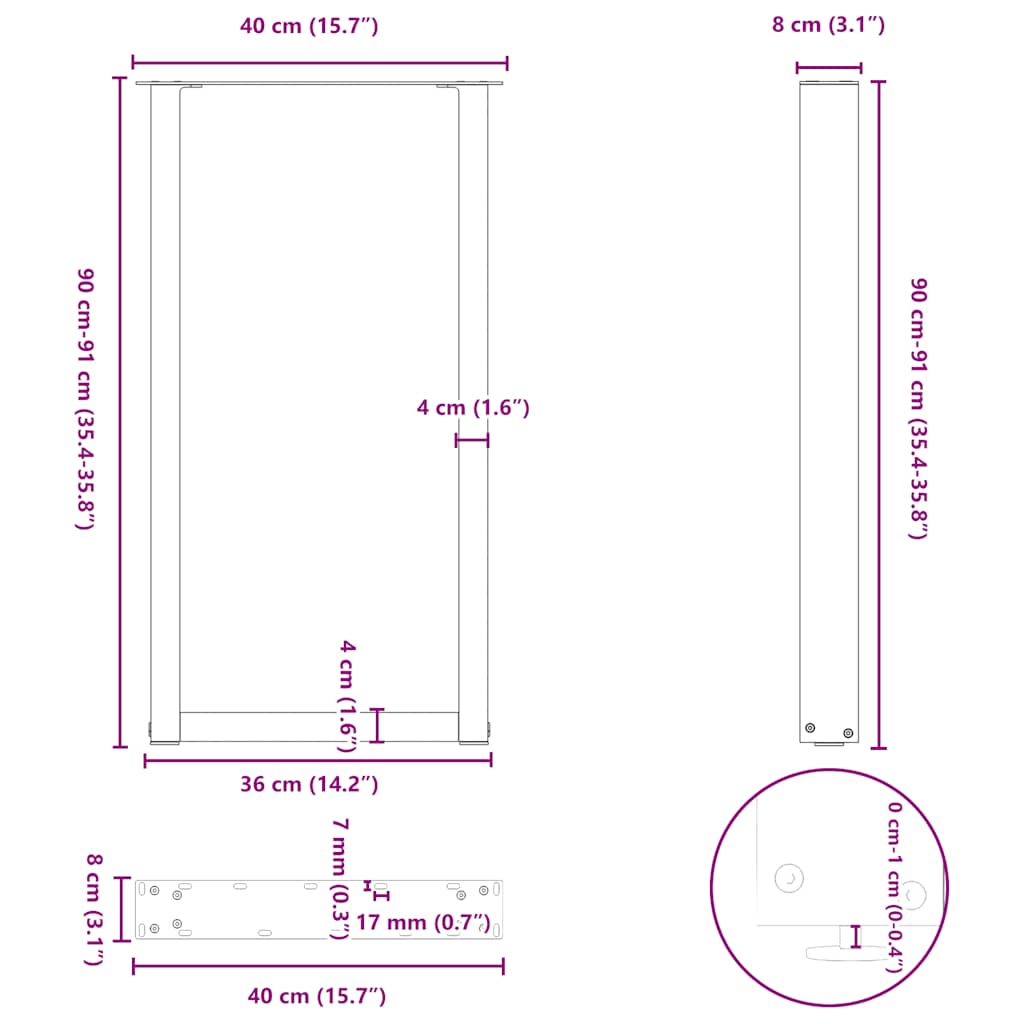vidaXL Bar Table Legs U-Shaped 2 pcs White 40x(90-91) cm Steel