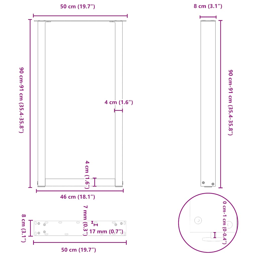 vidaXL Bar Table Legs U-Shaped 2 pcs Black 50x(90-91) cm Steel